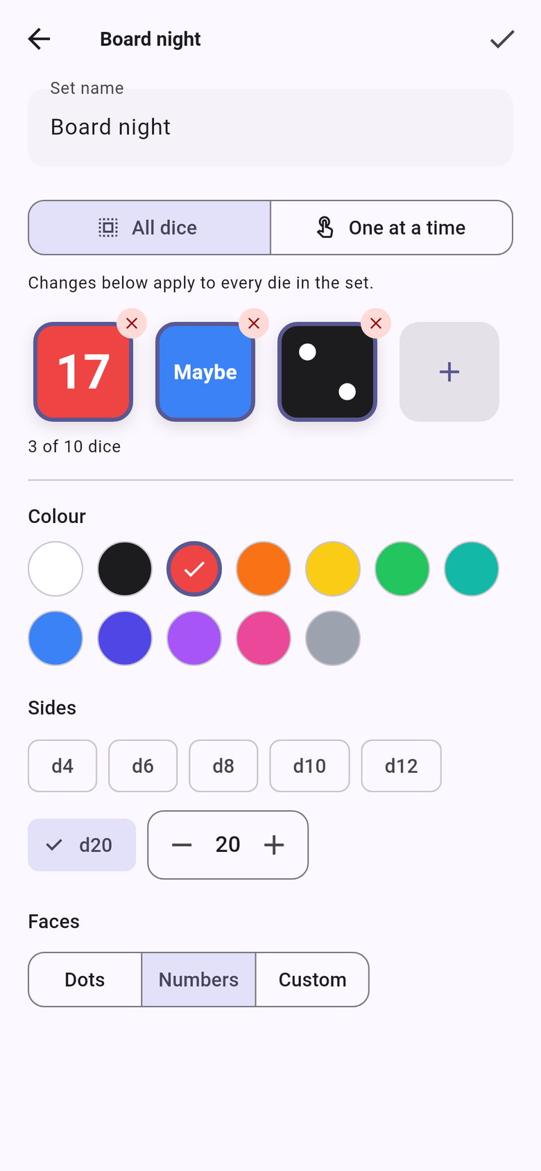 Edit mode with colour, sides and face options