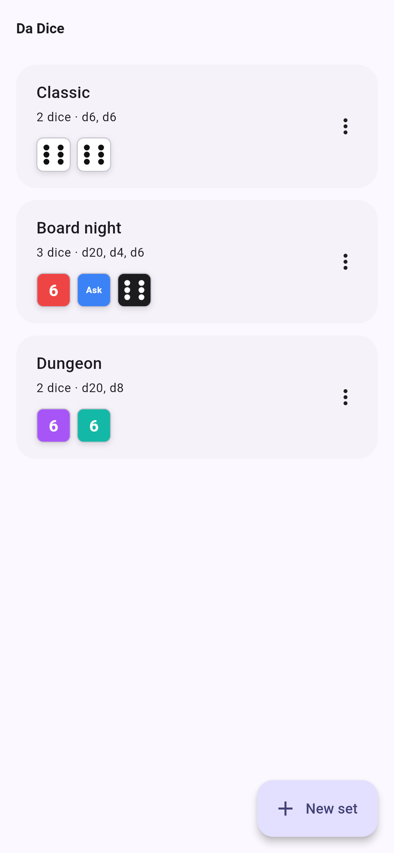 Home screen listing three dice sets
